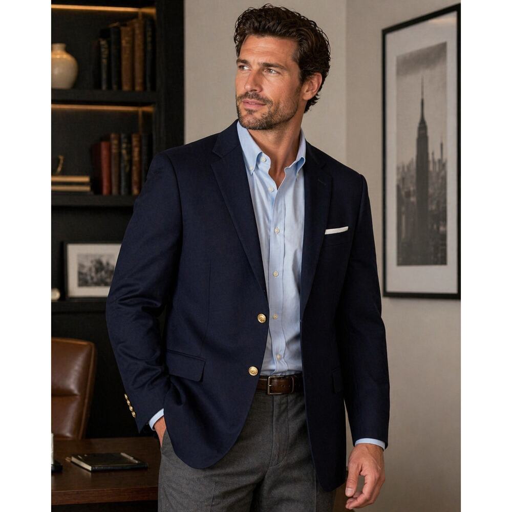 Jos A Bank 48R Navy Wool Blazer Tailored Fit Stretch Gold Button Jacket
